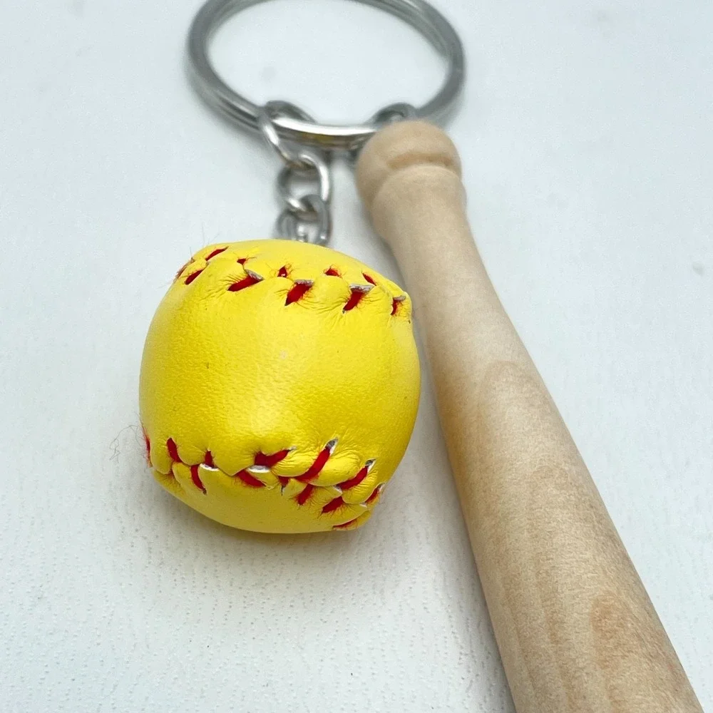 Vintage Silver Tone Mini‎ Yellow Soft Baseball Wood Bat Charm Keychain Statement